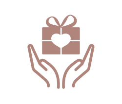 Gold logo of two open hands with a square gift hovering above the hands. The gift has a heart in the middle and a bow on top.